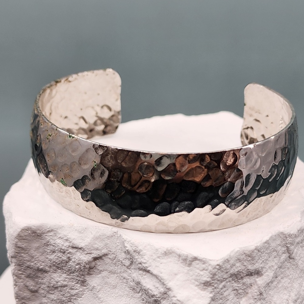 Sarah Coventry Silver Tone Hammered Wide Cuff Bracelet Vintage Modernist Boho